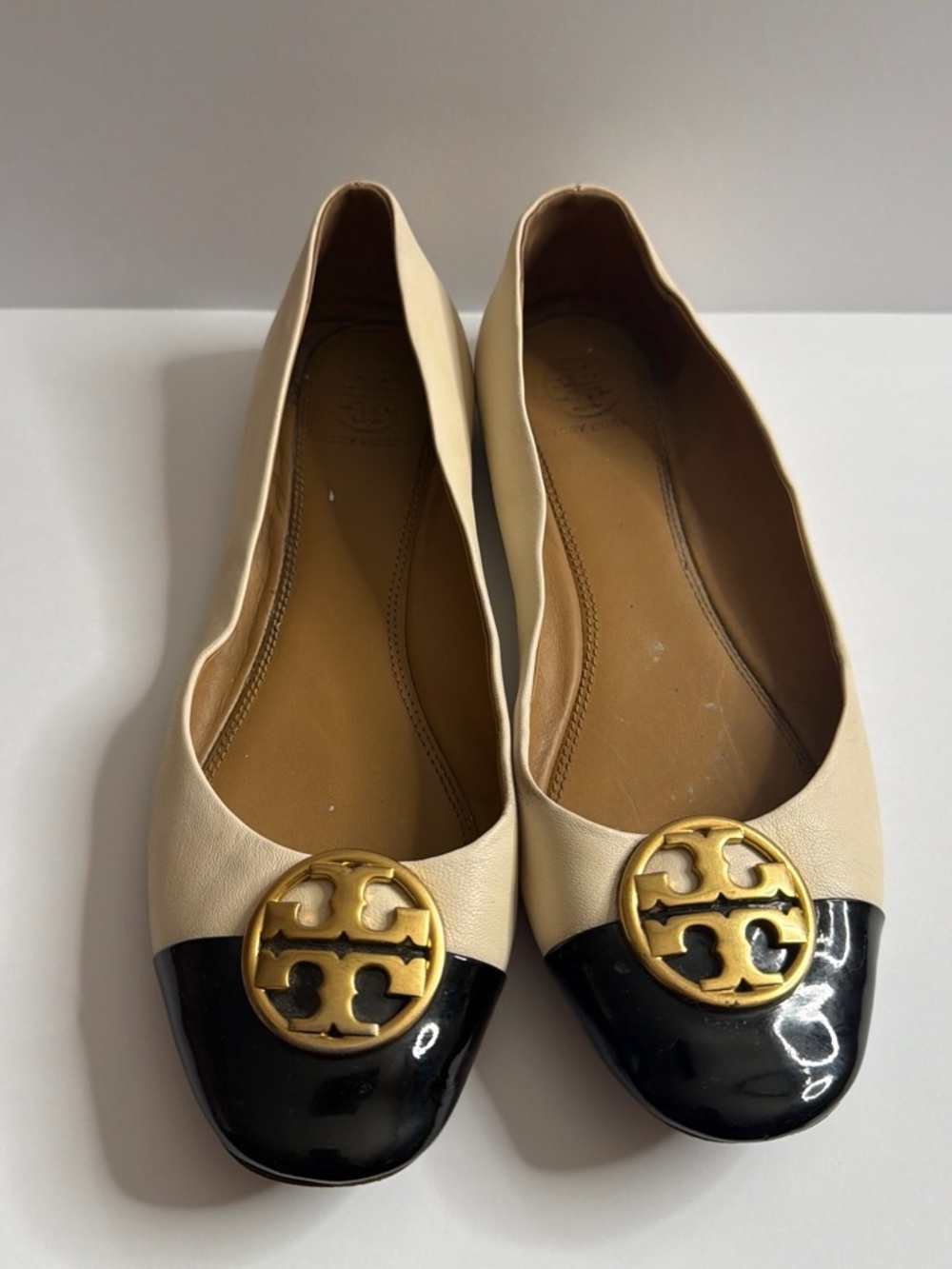 Tory Burch Cream and Black Logo Cap-Toe Ballet Flats
